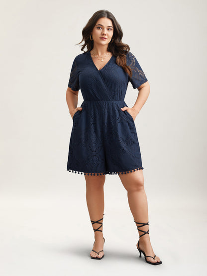 Lace Sleeve Stretchy Waist Pockets Romper