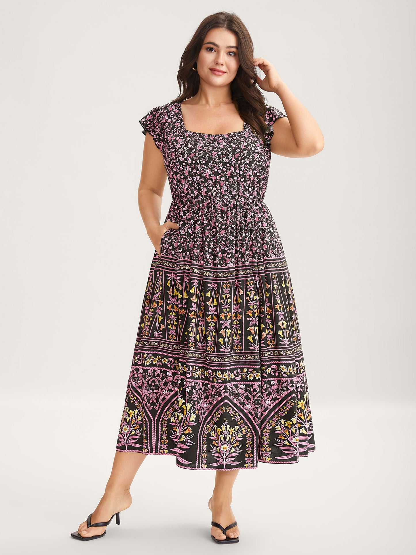 Rayon Garden Fresh Ruffled Sleeve Midi Dress
