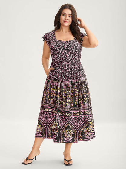 Rayon Garden Fresh Ruffled Sleeve Midi Dress