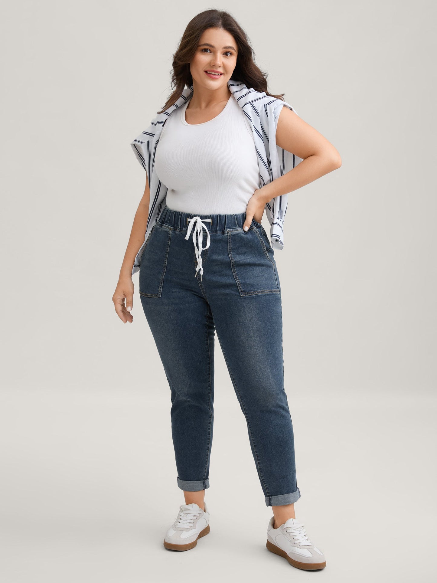 Drawstring Elastic Waist Roll Hem Jeans