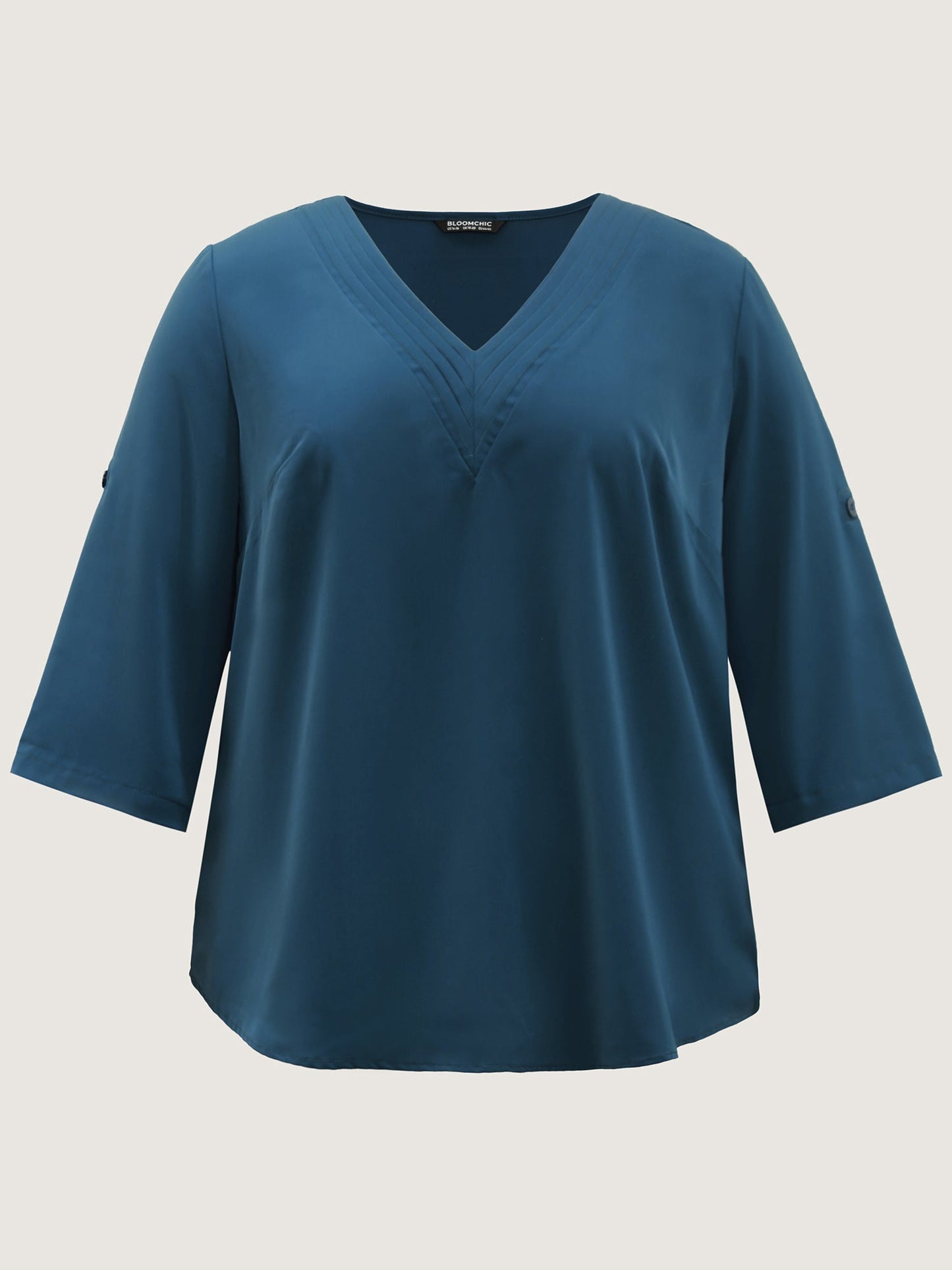 V Neck Plain Pleated Tab Sleeve Blouse