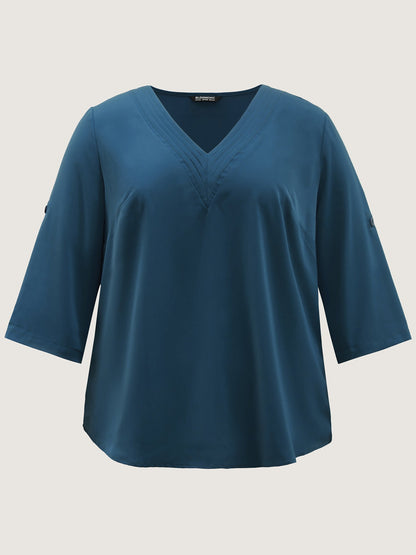 V Neck Plain Pleated Tab Sleeve Blouse
