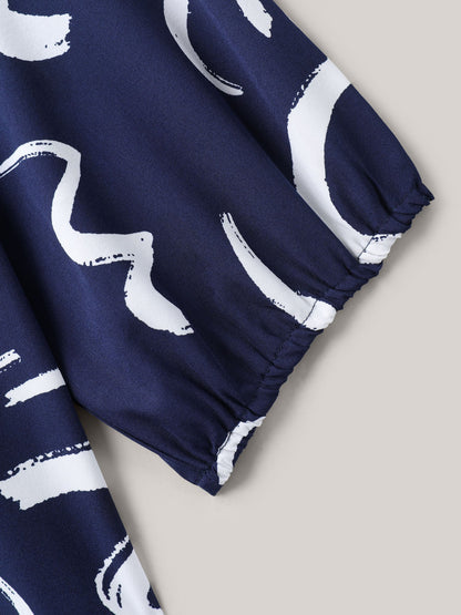 Scribble Print Ruffled Split Neck Blouse