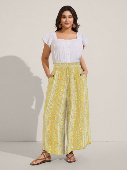 Boho Print Shirred Waist Wide-Leg Pants