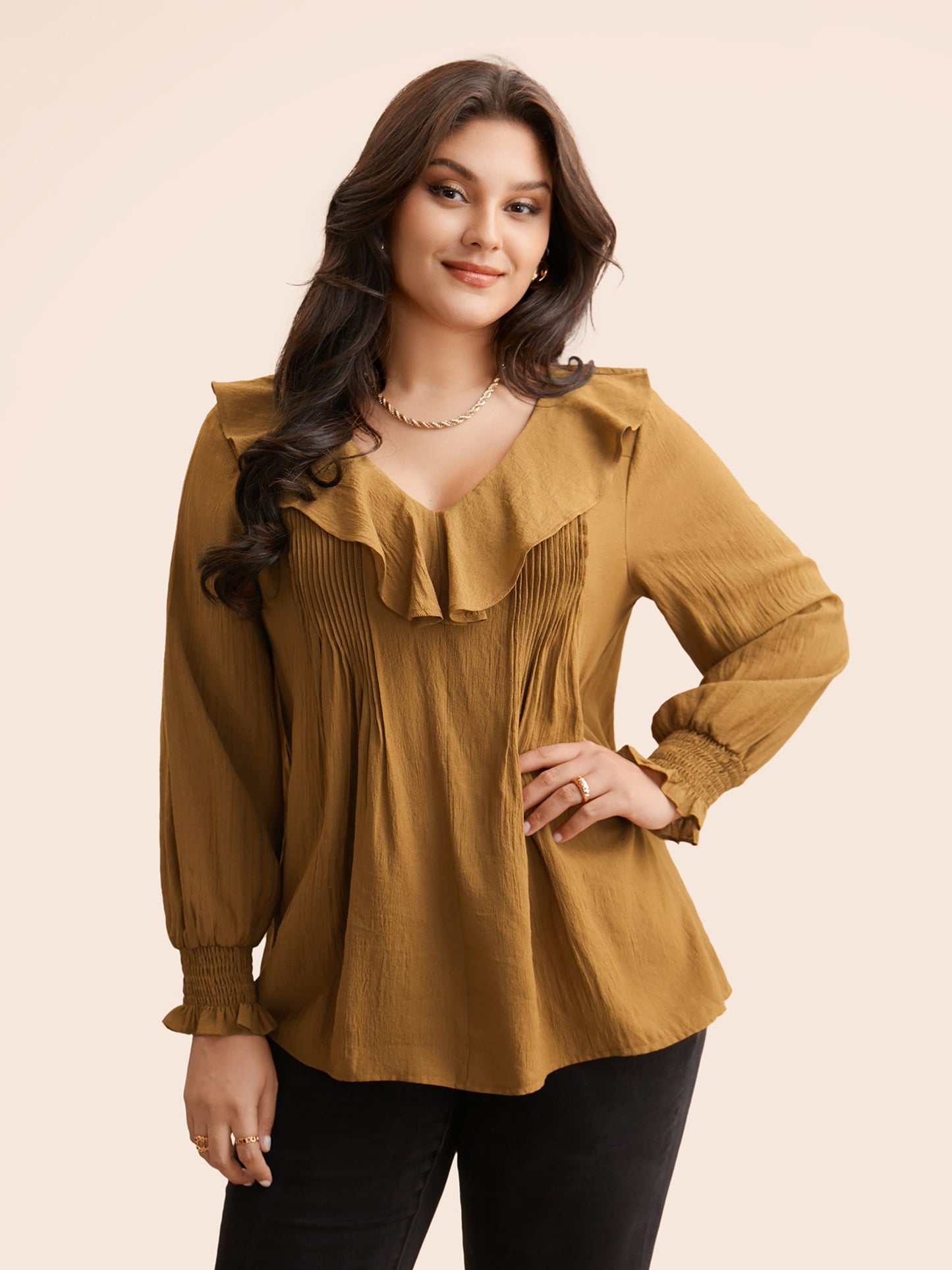 Solid Texture Pleated Ruffle Trim Blouse