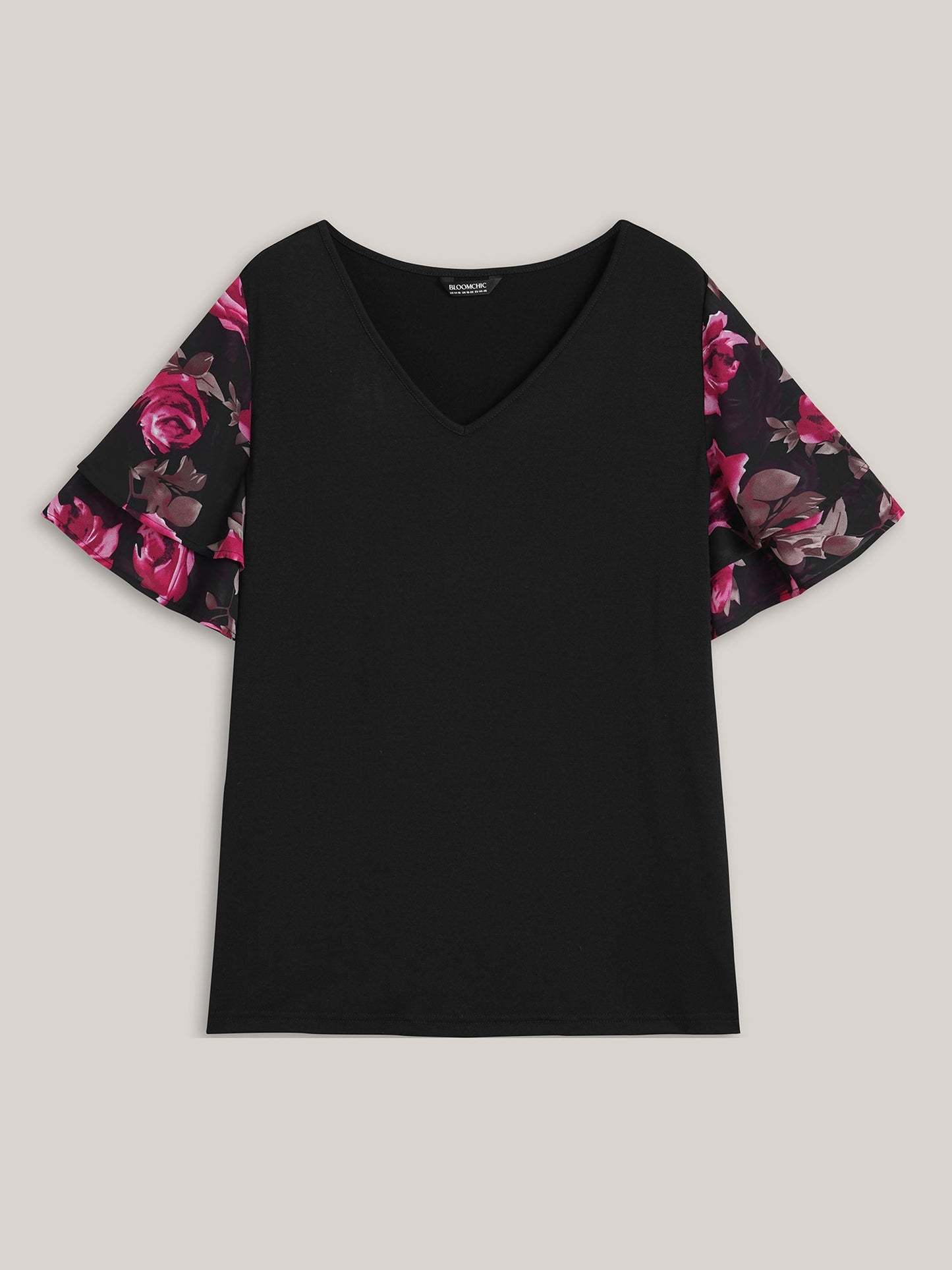 Stretchy Floral Lotus Sleeve V-Neck T-Shirt