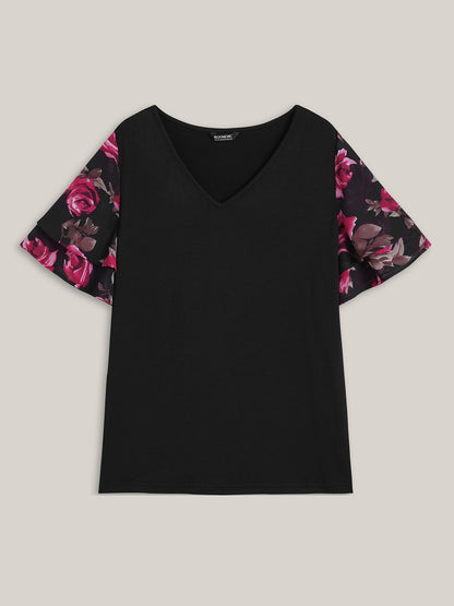 Stretchy Floral Lotus Sleeve V-Neck T-Shirt