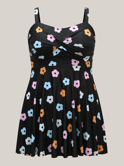 Twist Front Floral Print Flared Swim Dress