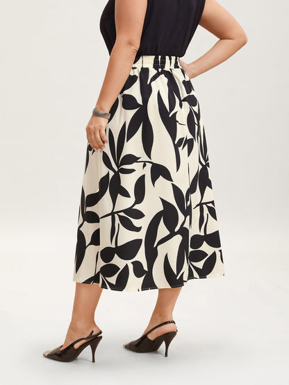 Leaf Print Stretchy-Waist Midi Skirt