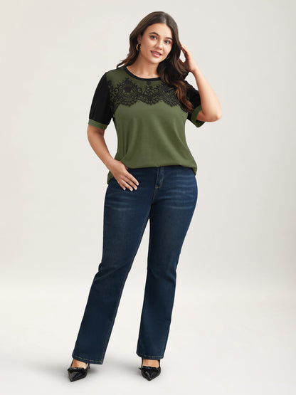 Stretchy Scalloped Lace Color Contrast T-Shirt