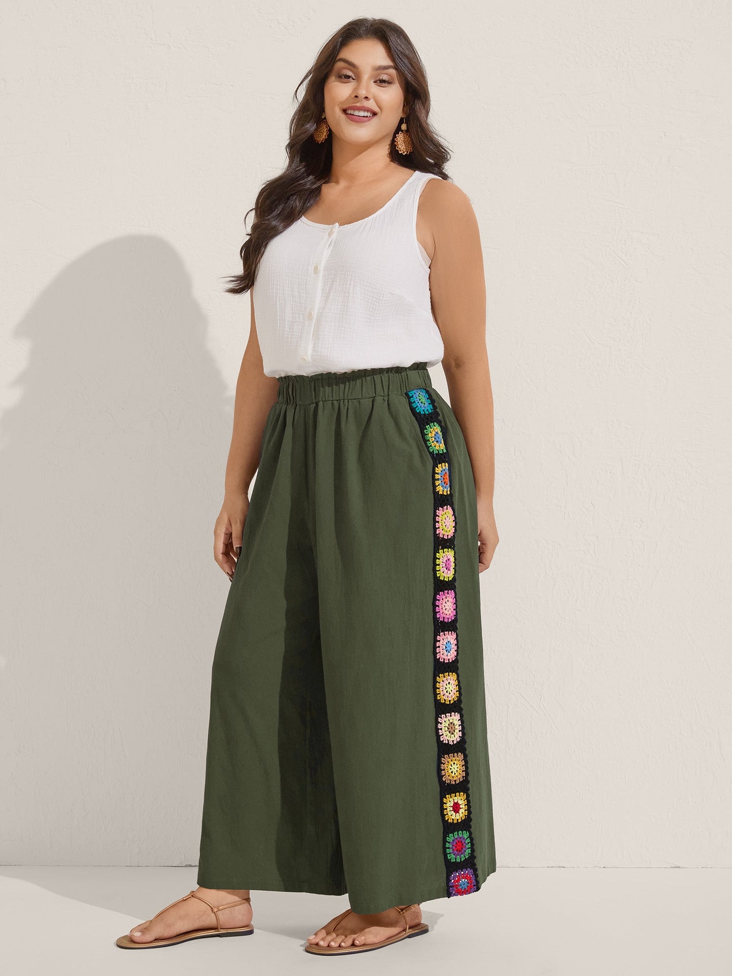 Shirred Waist Wide-Leg Spliced Pants