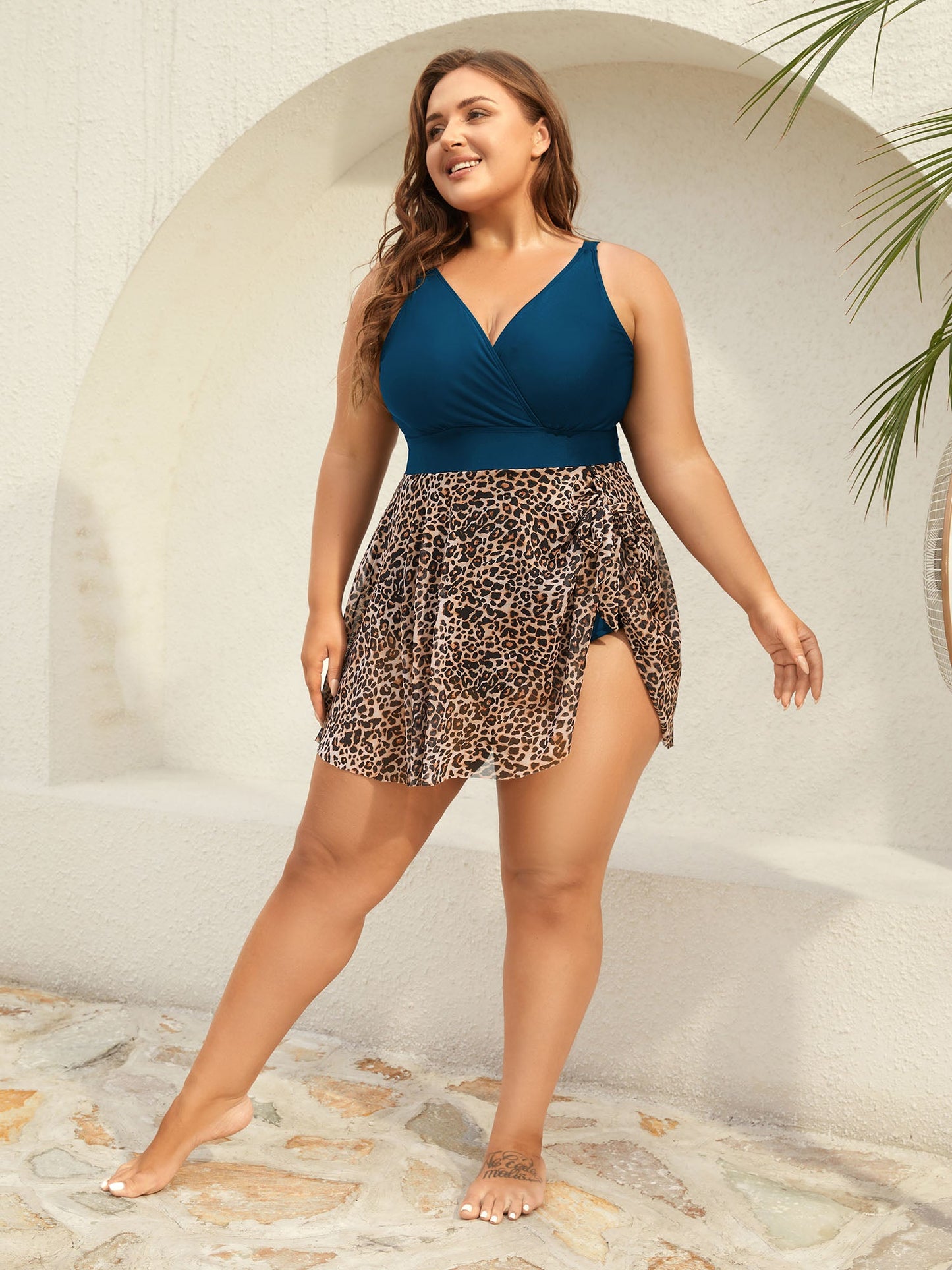 Leopard Print Knotted Surplice Swim Dress