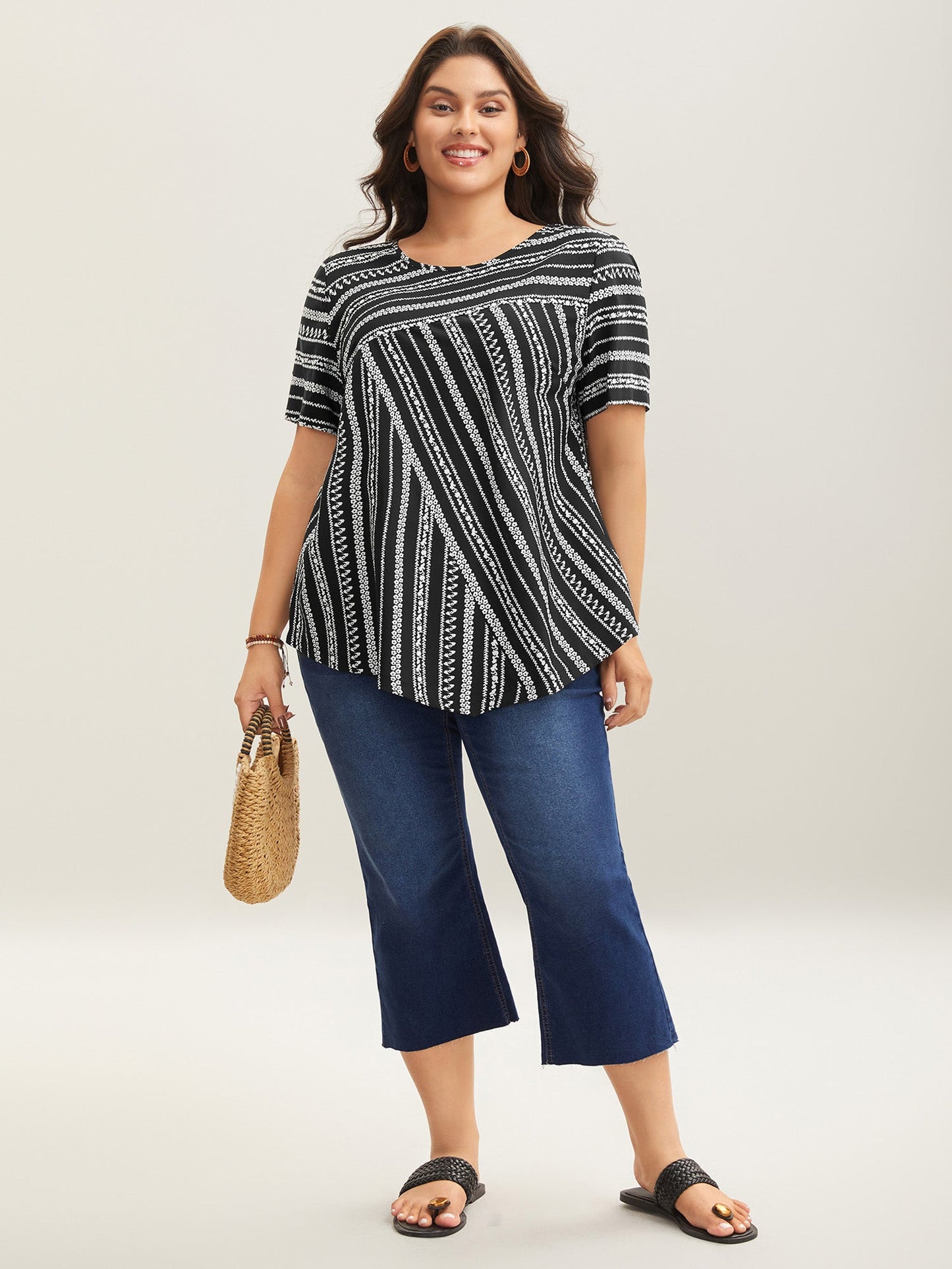 Striped Overlap Print Curvy Hem Blouse