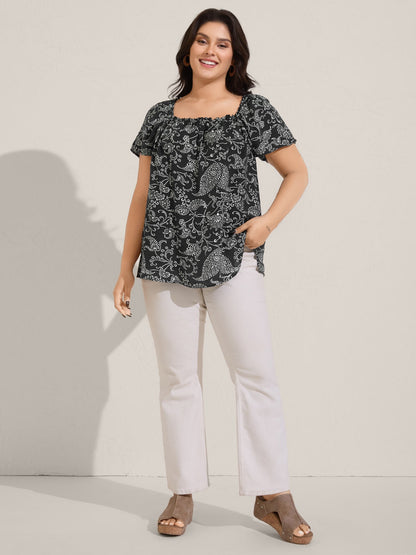 Floral Print Shirred Neck Flowy Blouse