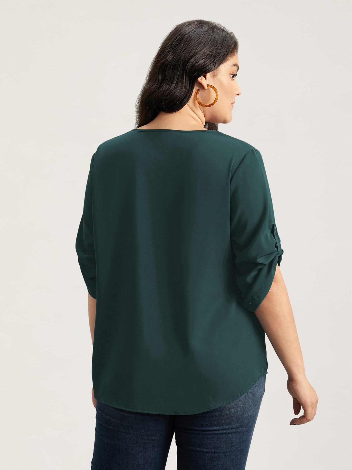 V Neck Plain Pleated Tab Sleeve Blouse