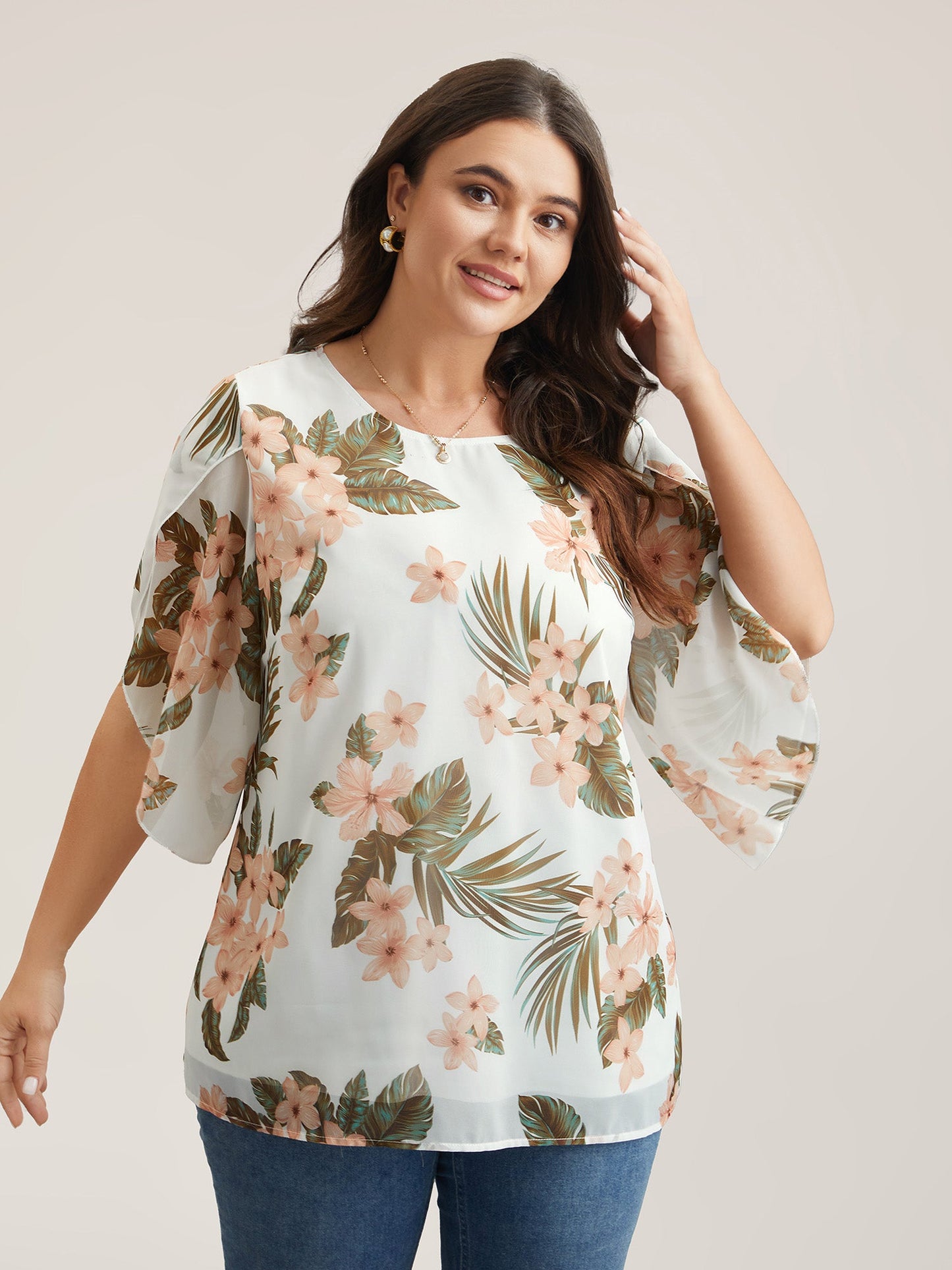 Petal Sleeve Floral Round Neck Shirt