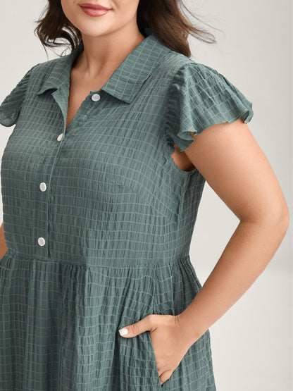 Textured Pockets Collar Flutter Sleeve Midi Dress