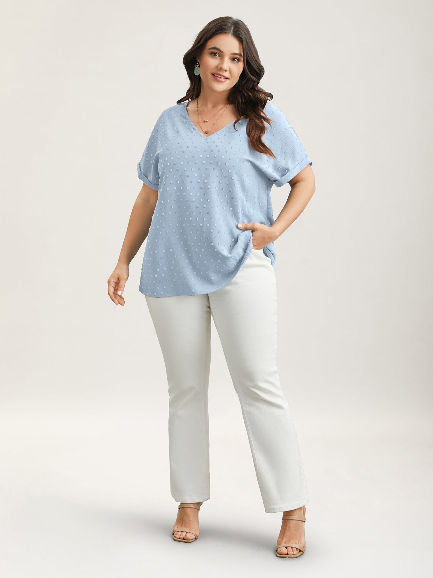 Back-Button Textured V-Neck Shirt