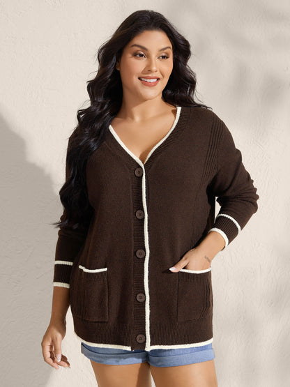 Textured Pocket Color Contrast Knit Cardigan