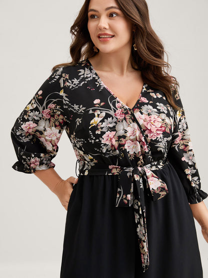 Floral Contrast Belted Wide-Leg Jumpsuit