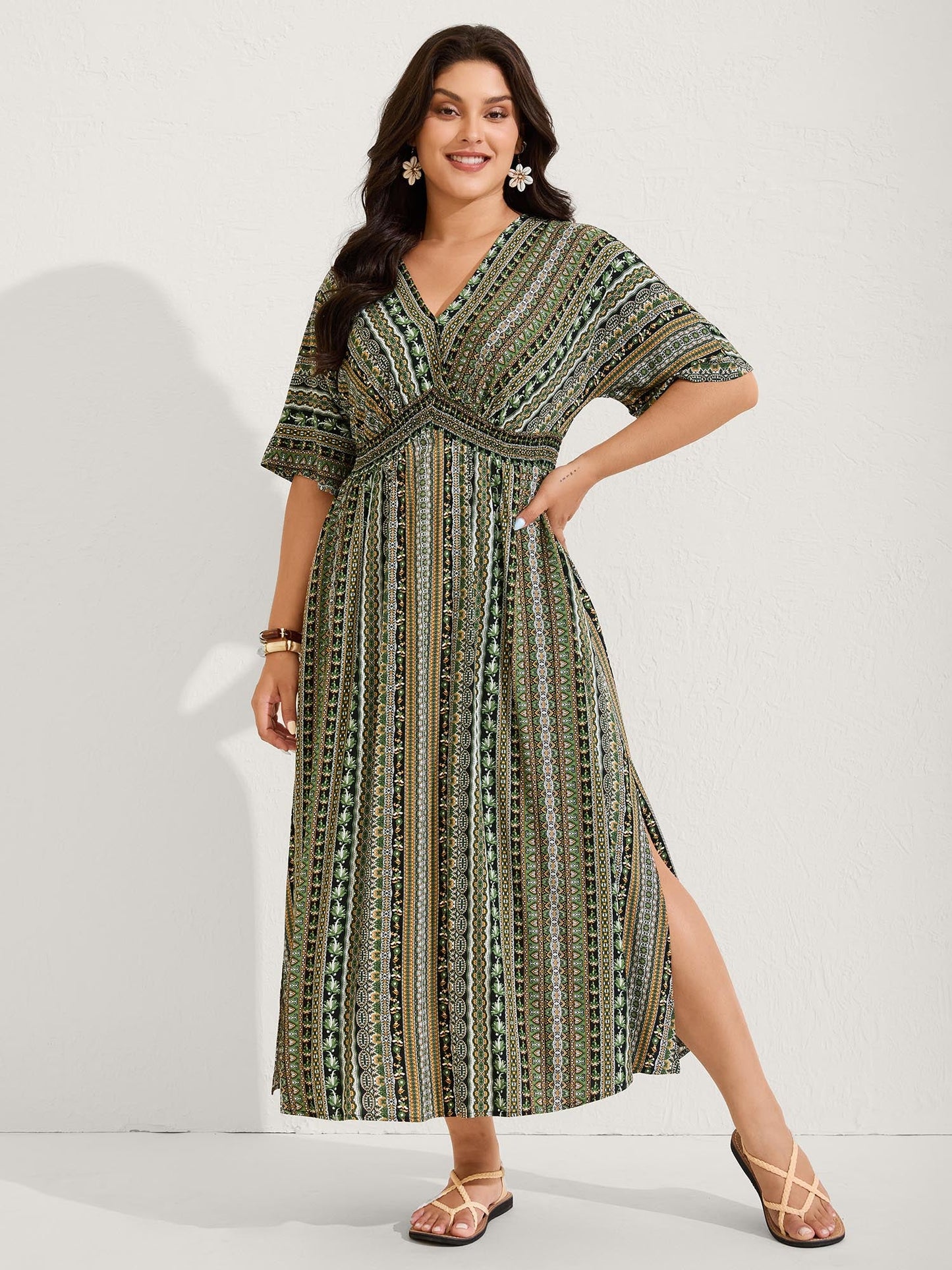 Striped Contrast Dolman Sleeve Shirred Pocket Split Flutter Dress