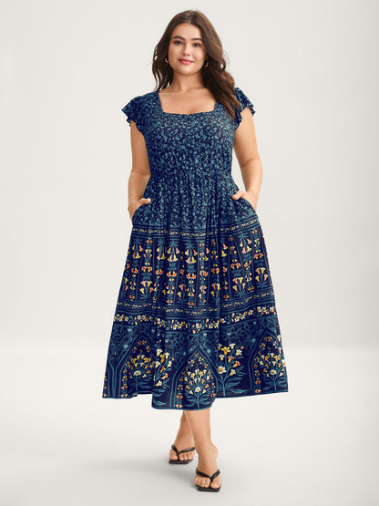 Rayon Garden Fresh Ruffled Sleeve Midi Dress