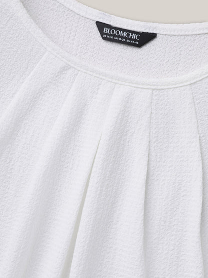 Stretchy Textured Pleated Round Neck T-Shirt