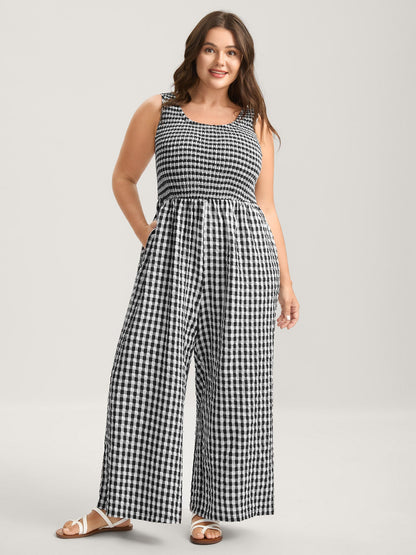 Gingham Print Shirred Straight-Leg Jumpsuit