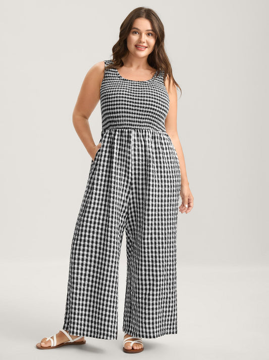 Gingham Print Shirred Straight-Leg Jumpsuit