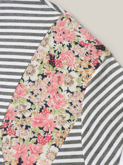 Cotton Mixed Print Floral Detail Knit Top