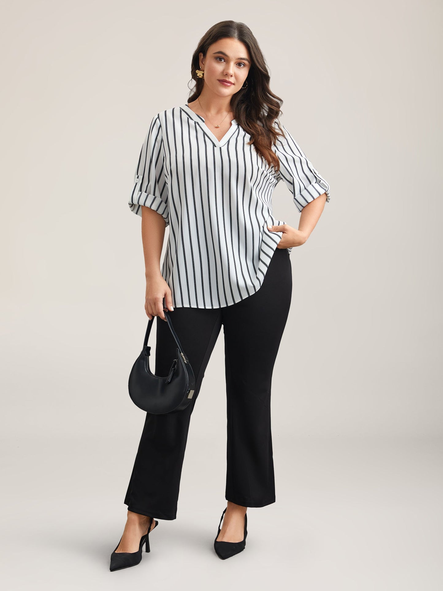 Notched Collar Striped Tab Sleeve Shirt