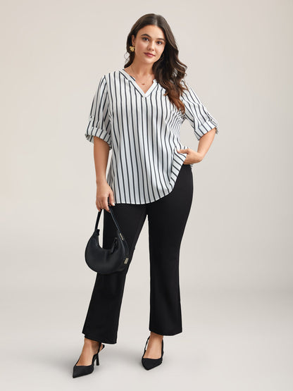 Notched Collar Striped Tab Sleeve Shirt
