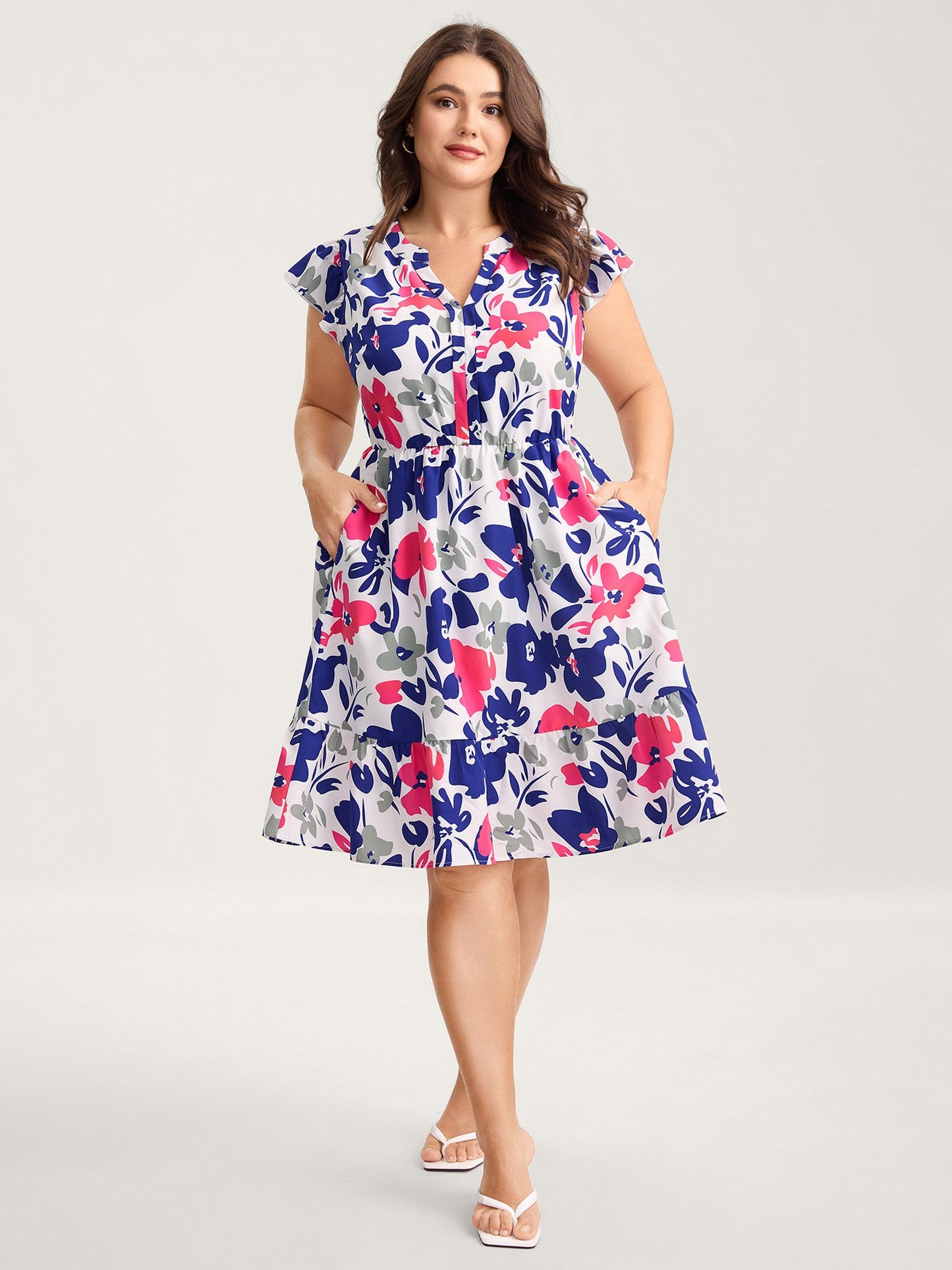 Color Block Floral Print Notched Midi Dress