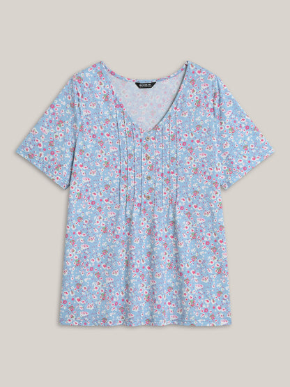 Floral Print Plicated Detail T-Shirt