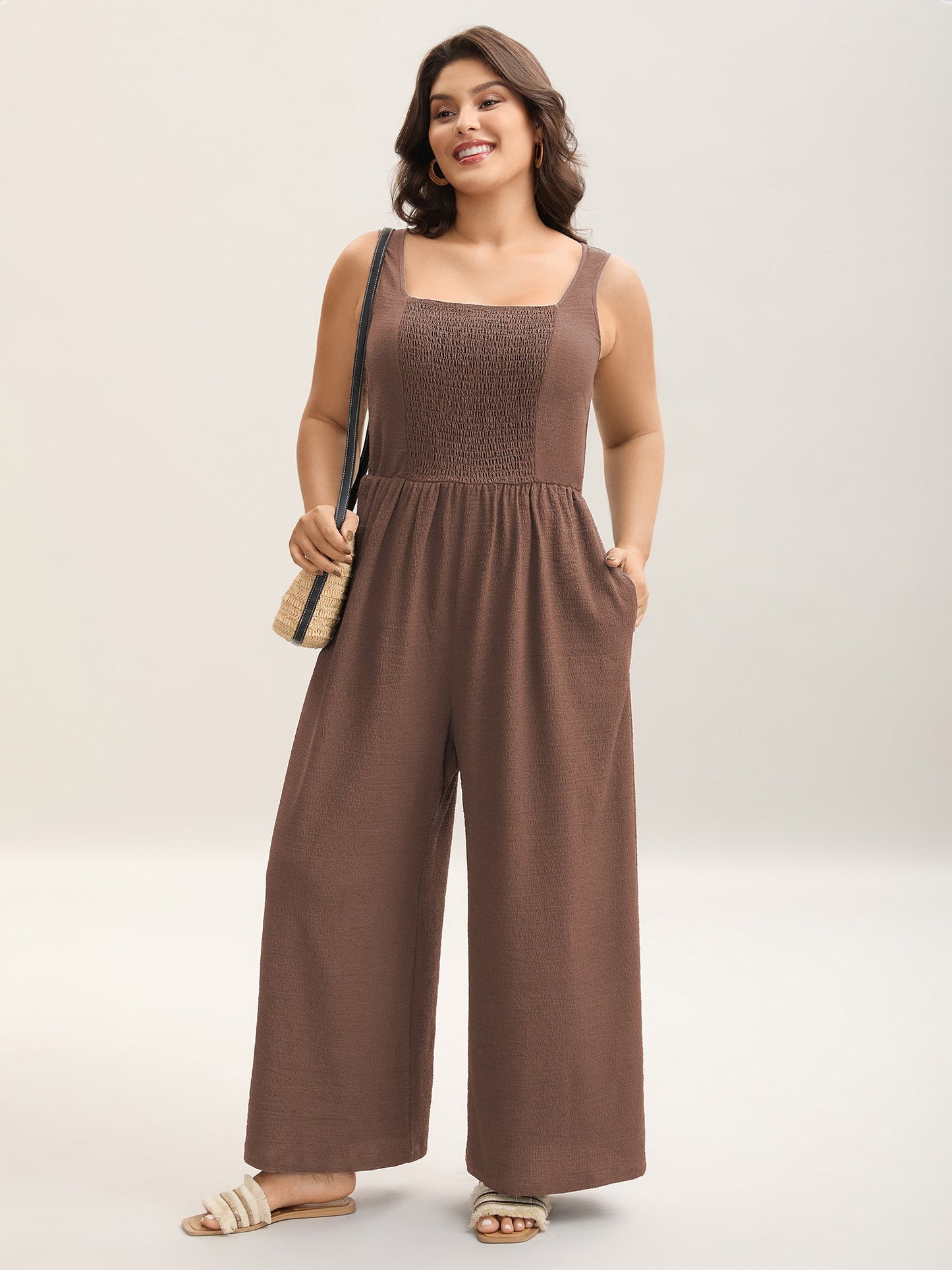 Shirred Pockets Wide-Leg Plain Jumpsuit