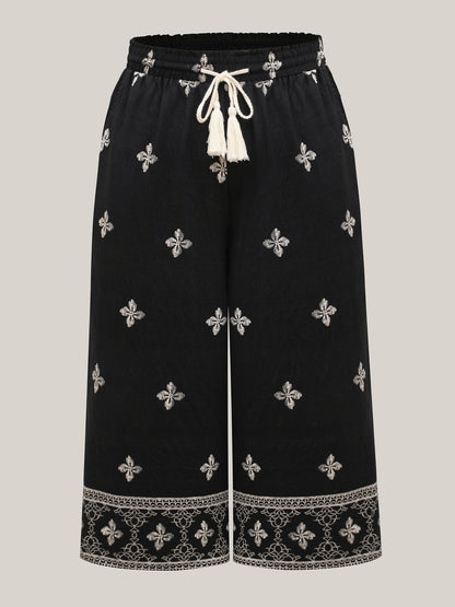 Boho Print Color Contrast Wide-Leg Pants