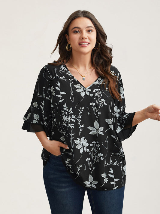 Floral Print Ruffled V-Neck Shirt