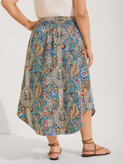 Boho Print Shirred Waist Midi Skirt