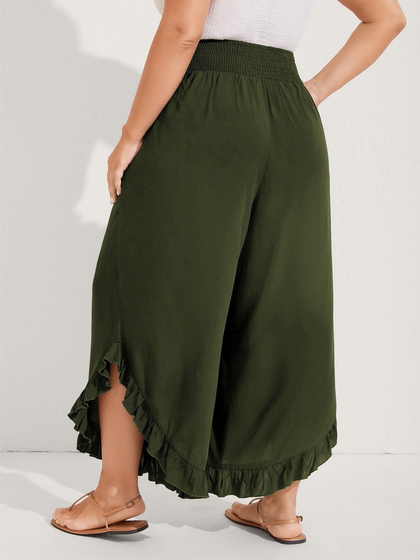 Ruffled Curvy Hem Wide-Leg Pants