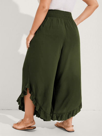 Ruffled Curvy Hem Wide-Leg Pants