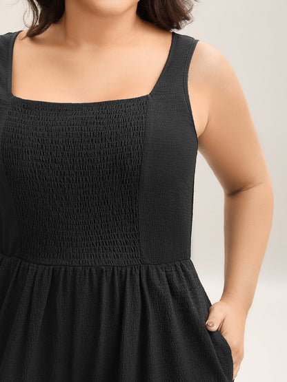 Shirred Pockets Wide-Leg Plain Jumpsuit