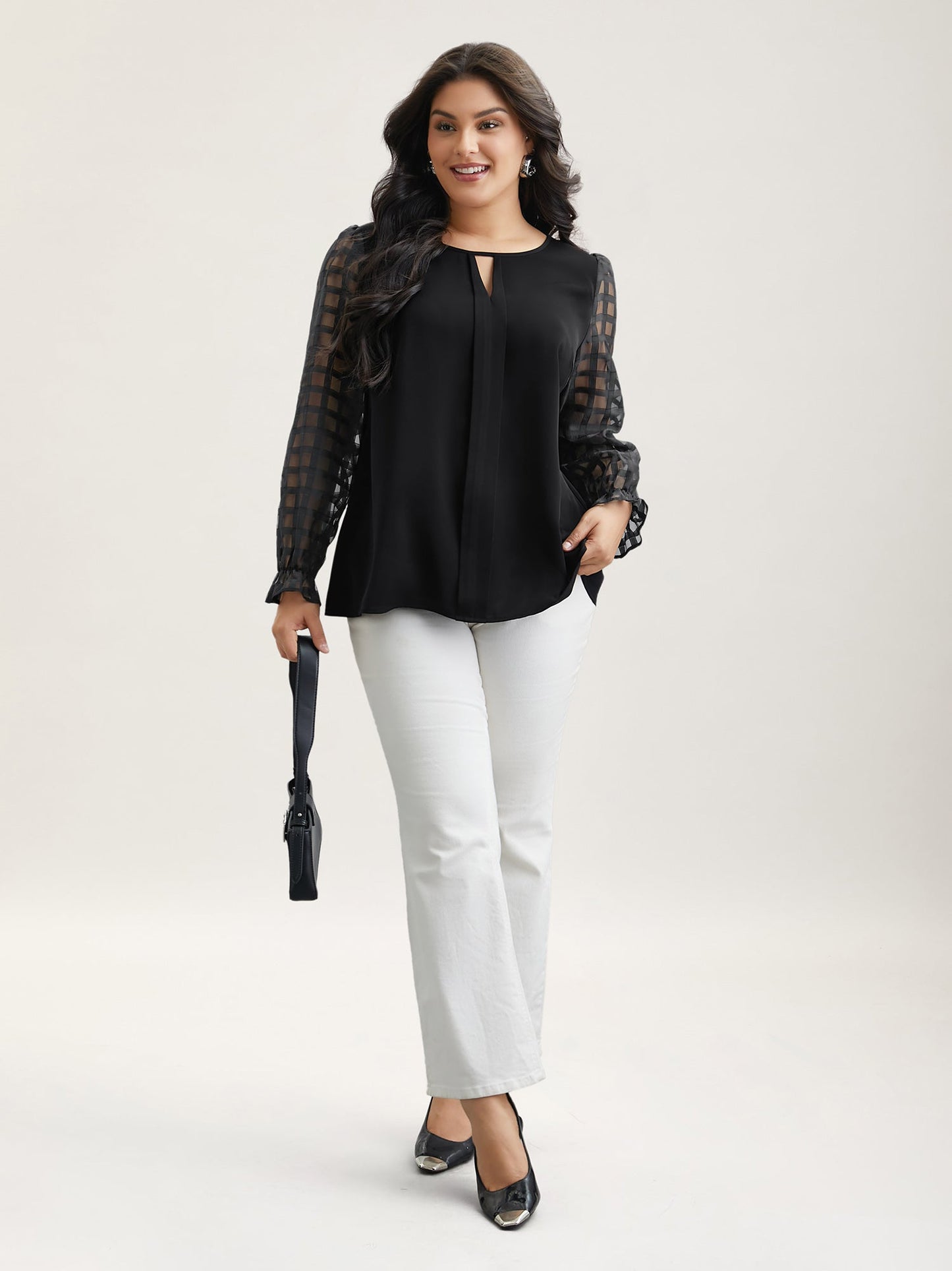 Sheer Textured Sleeve Neck Cut-Out Shirt