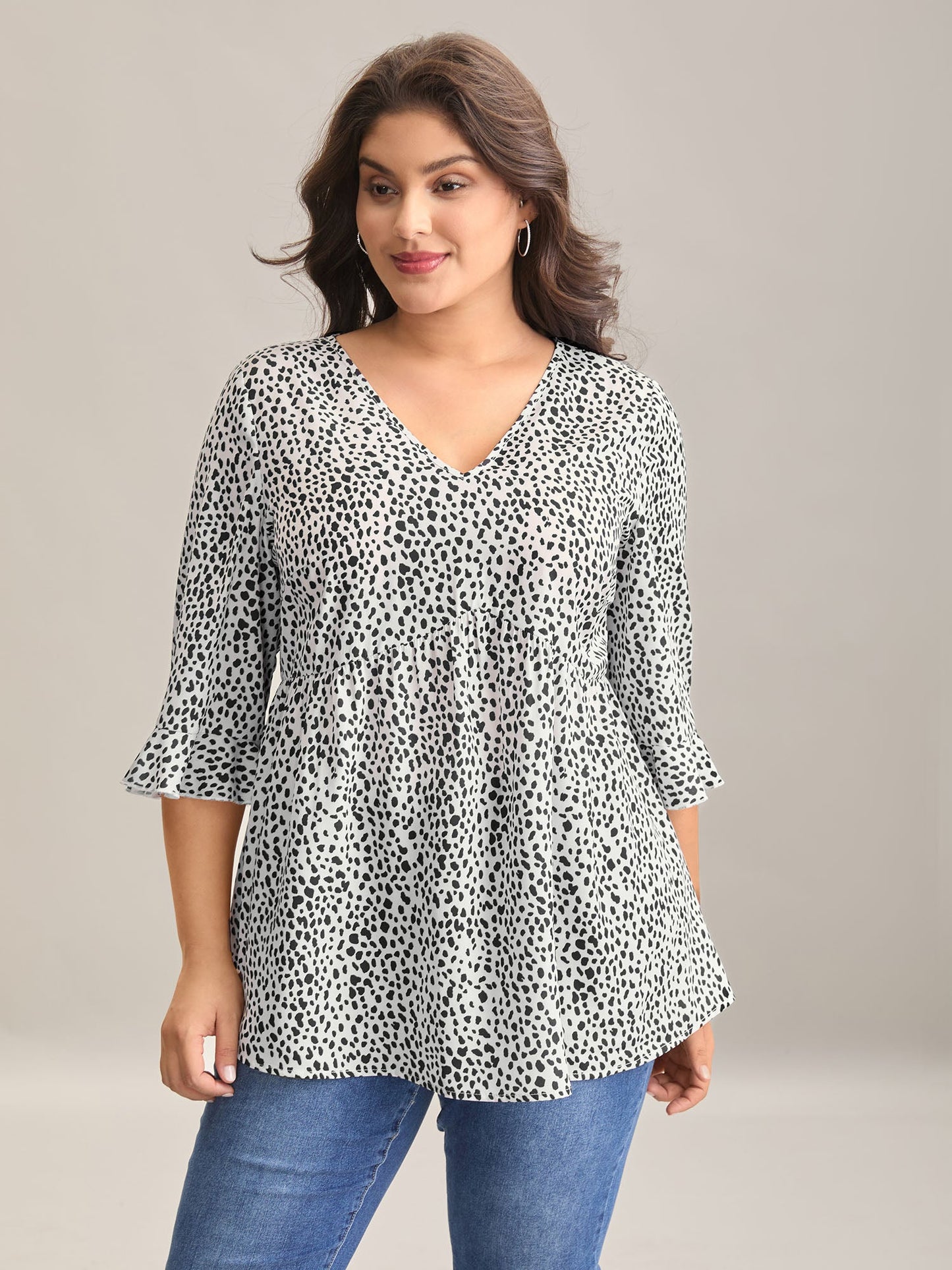 Leopard Print Ruffled Detail V-Neck Blouse