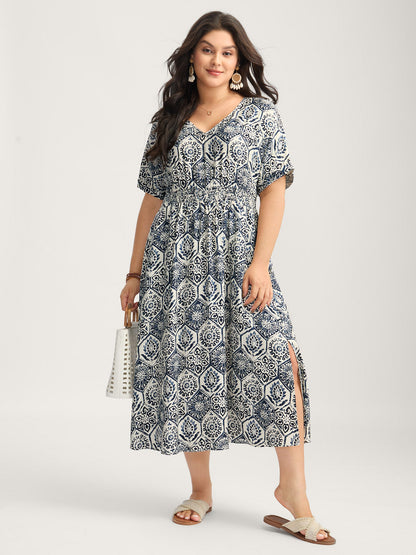 Boho Geometric Print Split Midi Dress