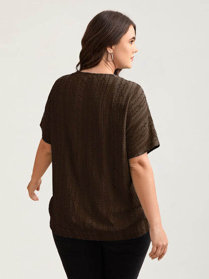 Eyelet Trim Stretchy Textured Plain Top