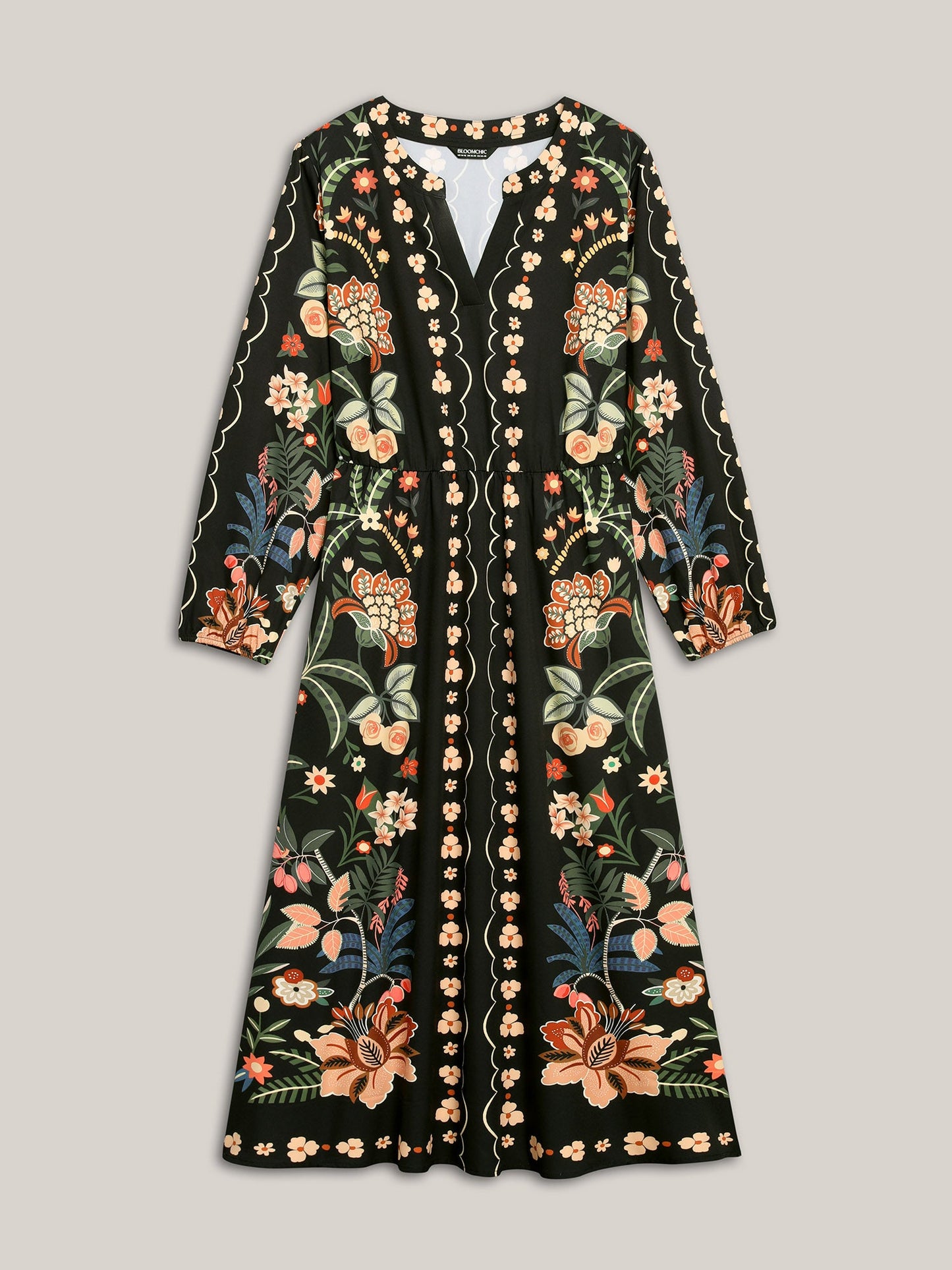 Floral Print Notched Collar Elastic Waist Dress