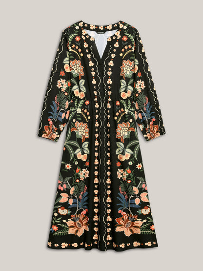 Floral Print Notched Collar Elastic Waist Dress