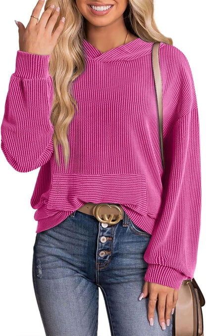 Women's Pullover Hoodies Sweatshirts Casual Loose Long Sleeve Ribbed Knit Shirts