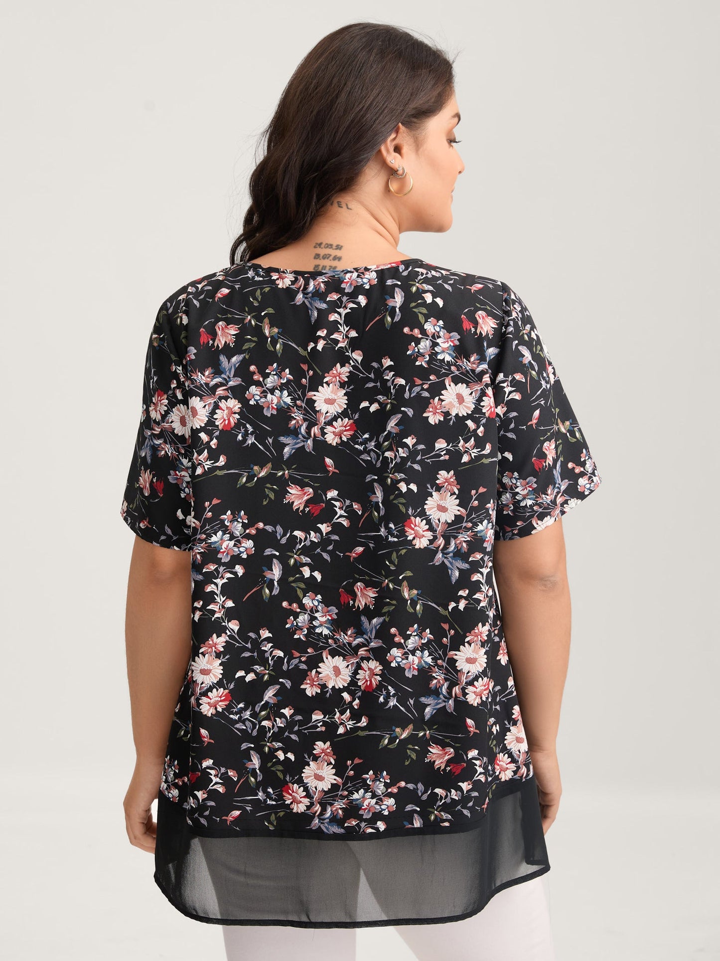 Garden Print Spliced V-Neck Blouse