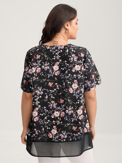 Garden Print Spliced V-Neck Blouse